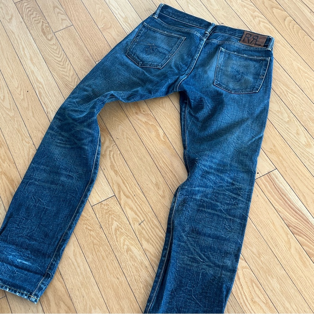 Double RL Denim jeans size 33 x 34. Used. Straight cut. Dark blue stone washed.